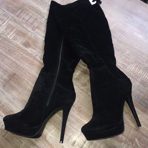 Knee high black velvet boots